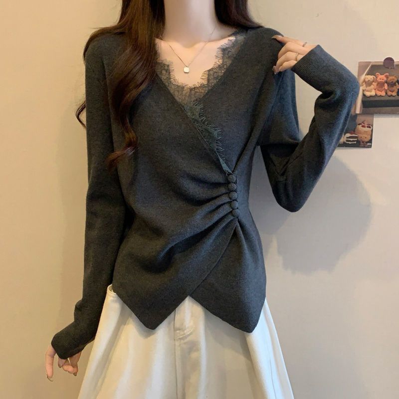 Irregular Cross-feel Lace Spliced V-neck Long Sleeve T-shirt