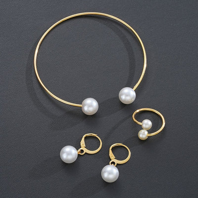 New Pearl Open Earrings Bracelet Ring Jewelry Set