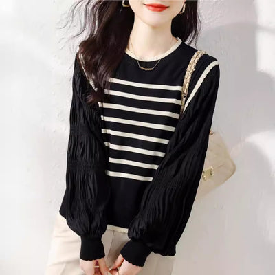 Patchwork Lace Collar Knitted Striped Lantern Sleeve Top