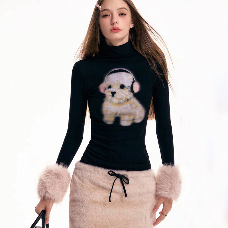Puppy Print Semi-turtle Neck Long Sleeve T-shirt Women's Top