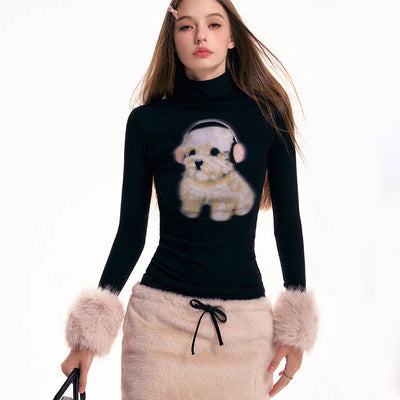 Puppy Print Semi-turtle Neck Long Sleeve T-shirt Women's Top