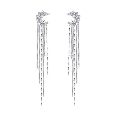 Moon Zircon Long Tassel Chain Earrings Without Ear Holes Small And Elegant Design