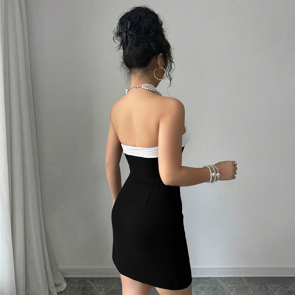 Sexy Socialite Style Dress Summer One-shoulder Bustier Color-blocked Mini Skirt