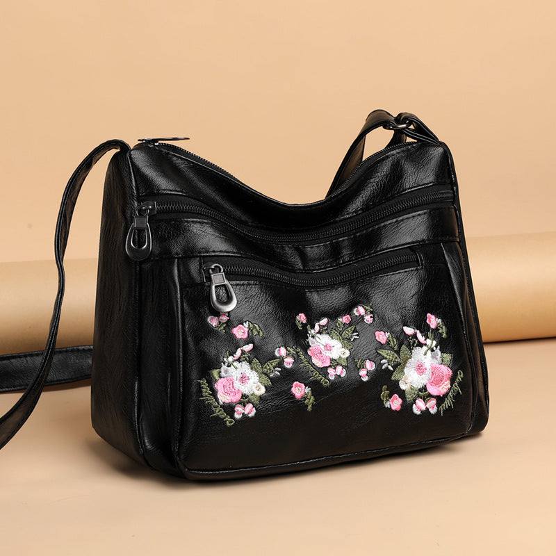 Embroidered Soft Leather Shoulder Bag For Middle-Aged And Older Adults