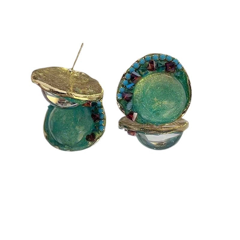 Retro Crystal Glass Colored Diamond Light Luxury Temperament Earrings For Women