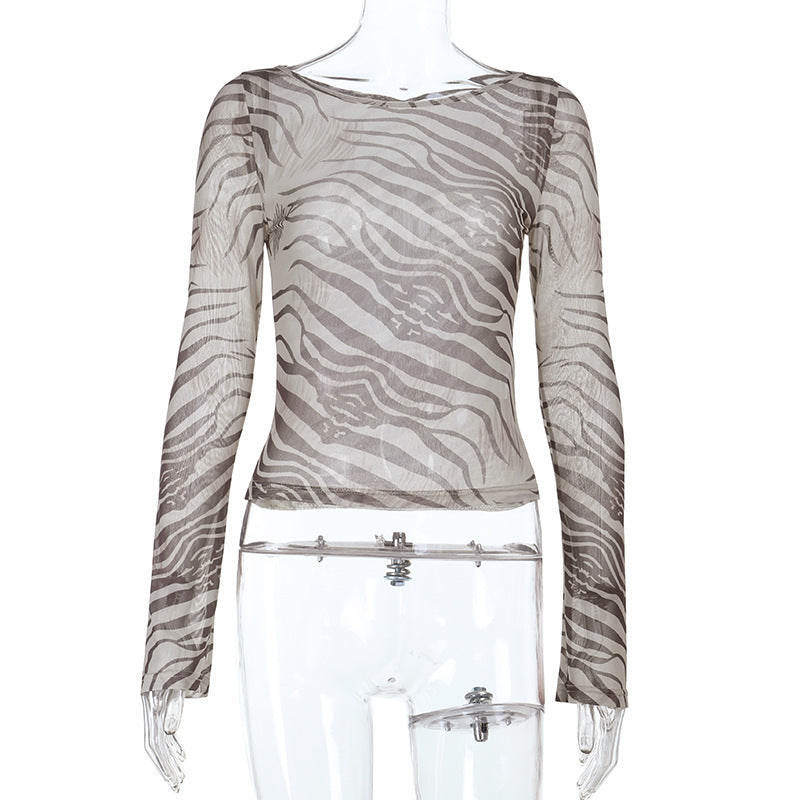 Zebra Print Long-sleeved Top Women's Sexy Sheer