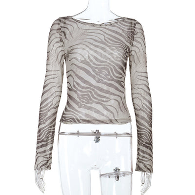 Zebra Print Long-sleeved Top Women's Sexy Sheer