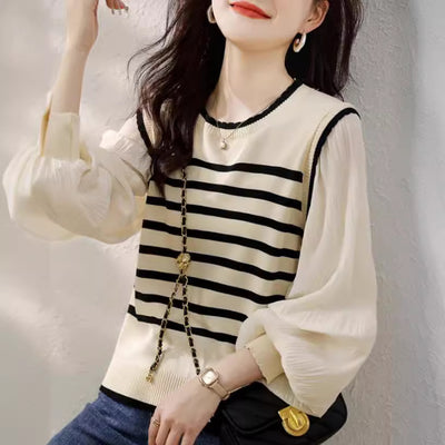 Patchwork Lace Collar Knitted Striped Lantern Sleeve Top