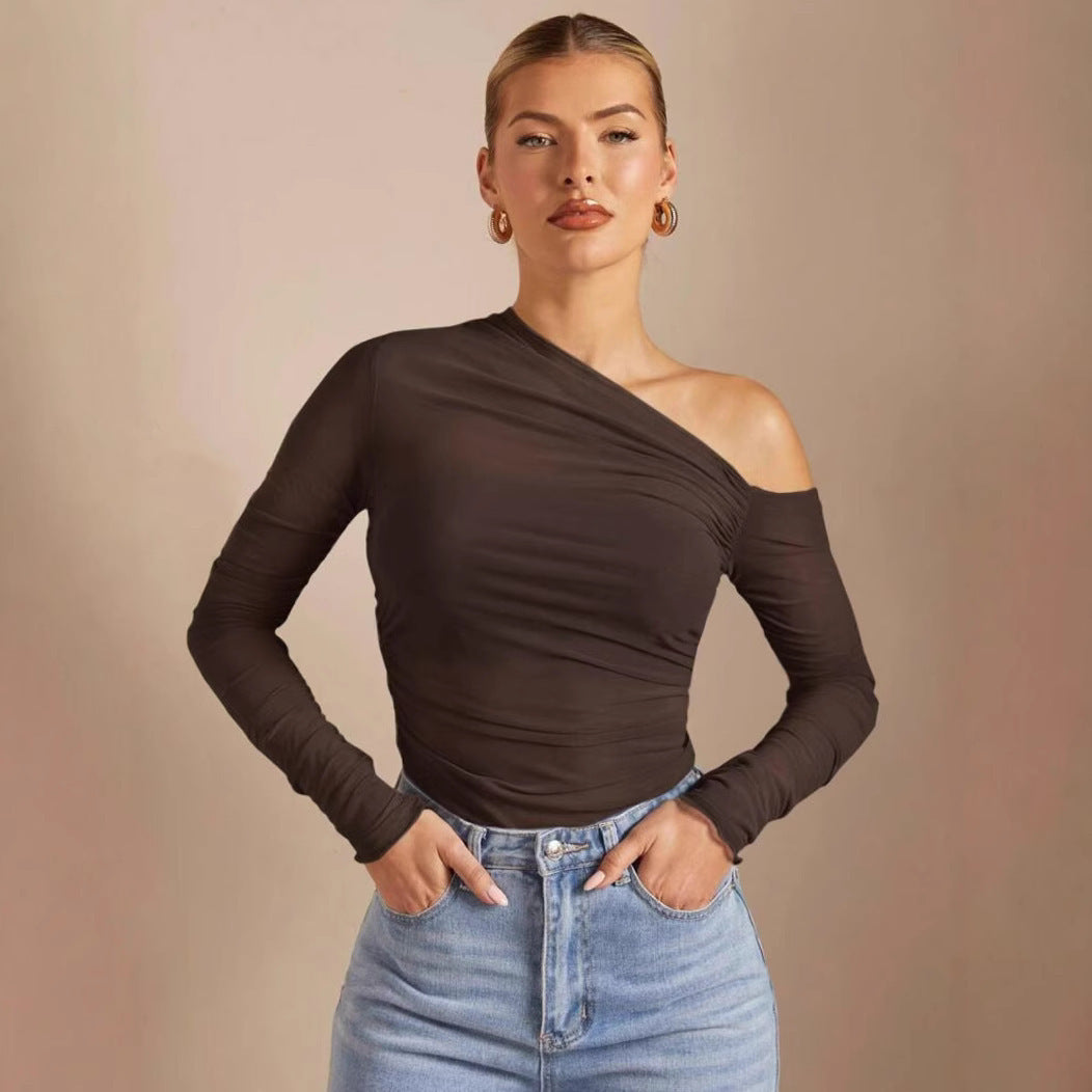 One-shoulder Cross-body Long Sleeve Pleated Slim Mesh Top For Women