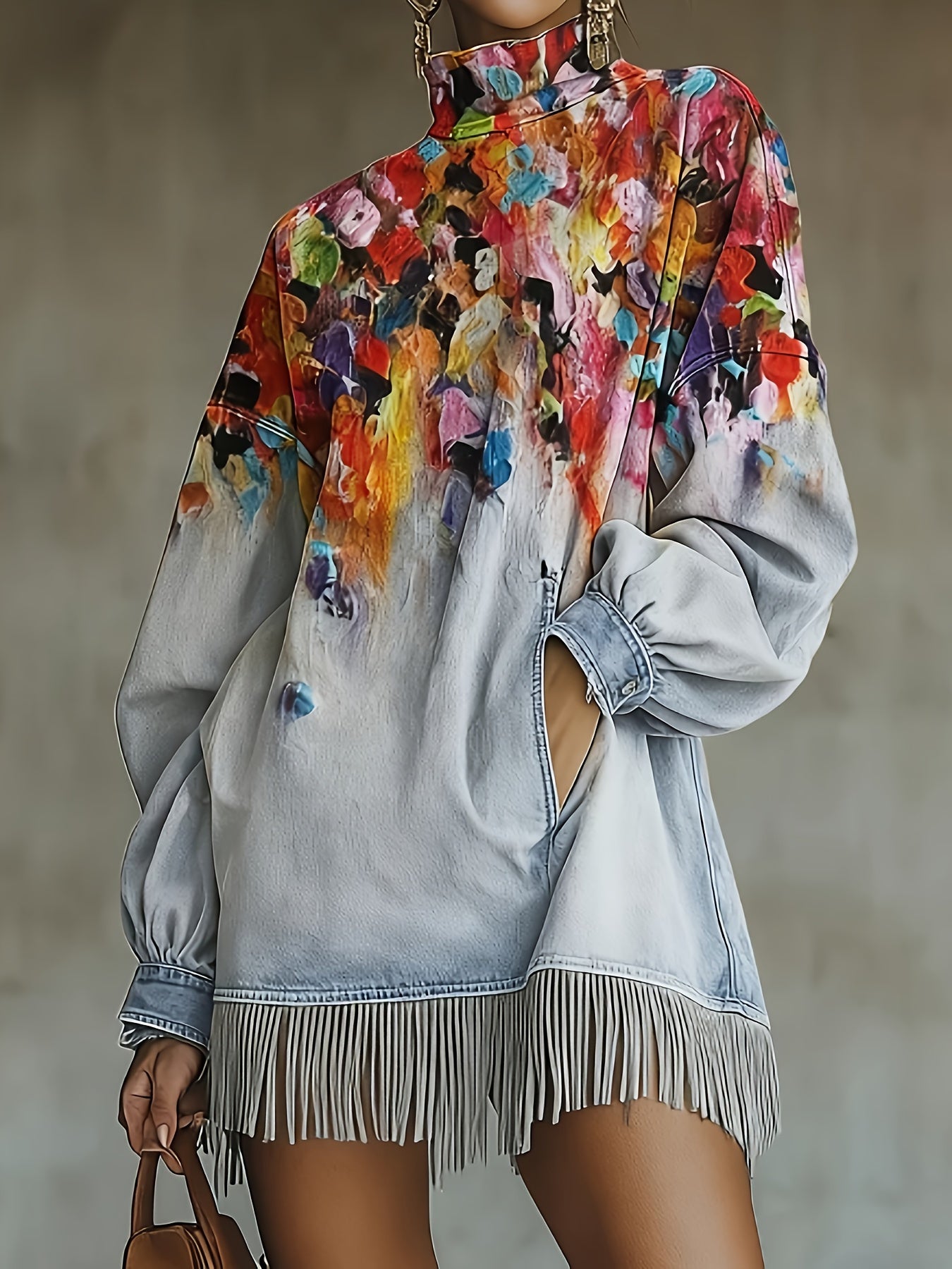 Loose Pocket Tassel Long-Sleeve Suede Dress