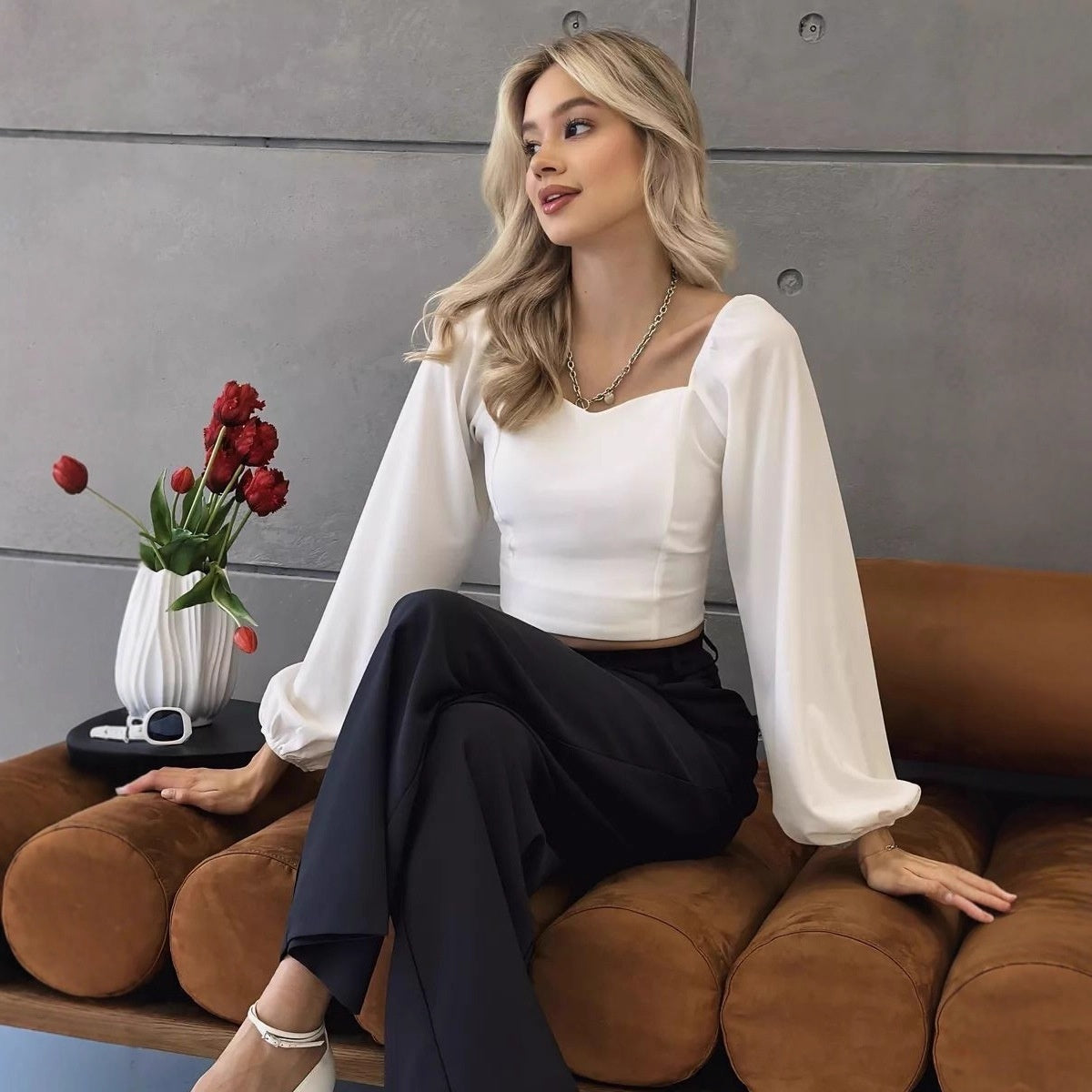 Solid Color Fashionable Versatile Casual Top Square Neck Long Sleeve Sexy Women