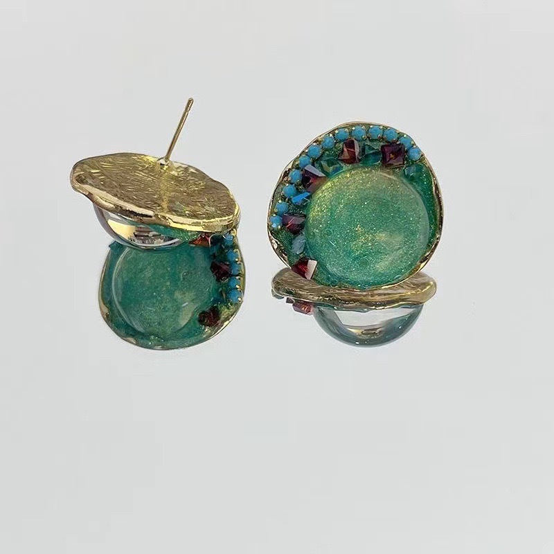 Retro Crystal Glass Colored Diamond Light Luxury Temperament Earrings For Women