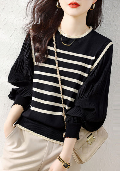 Patchwork Lace Collar Knitted Striped Lantern Sleeve Top