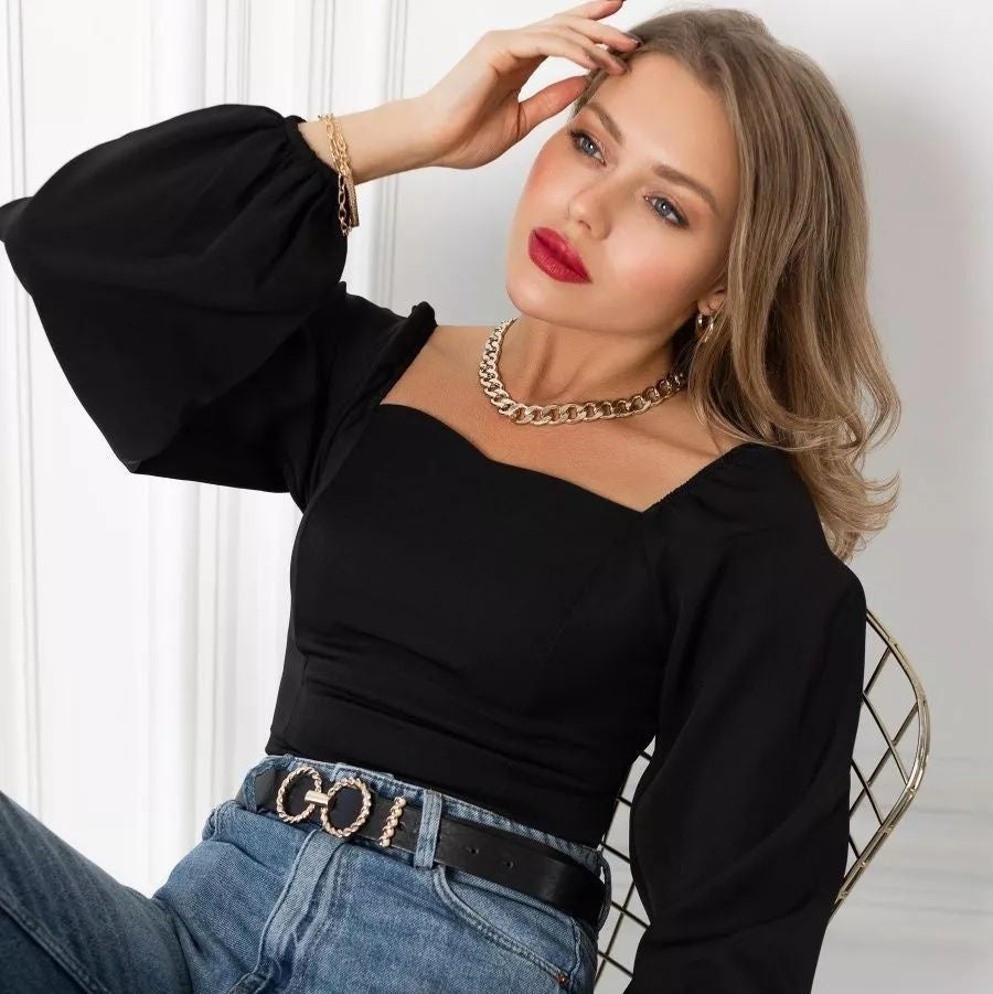 Solid Color Fashionable Versatile Casual Top Square Neck Long Sleeve Sexy Women