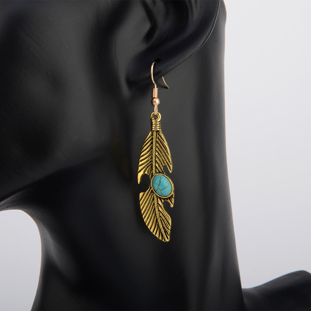Vintage Feather Inlaid With Turquoise Leaf Pattern