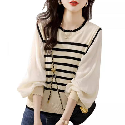 Patchwork Lace Collar Knitted Striped Lantern Sleeve Top
