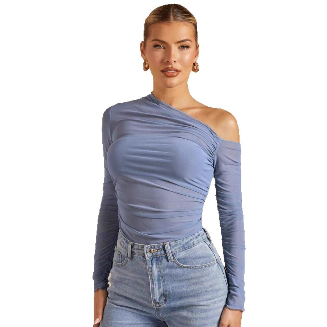 One-shoulder Cross-body Long Sleeve Pleated Slim Mesh Top For Women