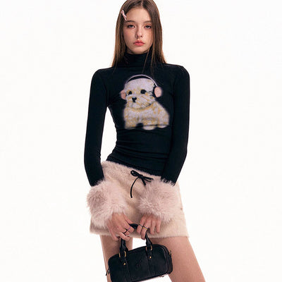Puppy Print Semi-turtle Neck Long Sleeve T-shirt Women's Top
