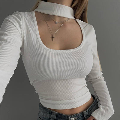 Black And White Hollow-out U-neck Low-cut Long-sleeved T-shirt
