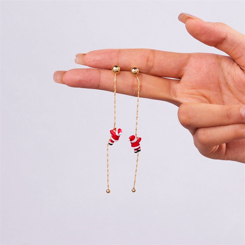 Crawling Santa Tassel Long Asymmetric Snowflake Earrings