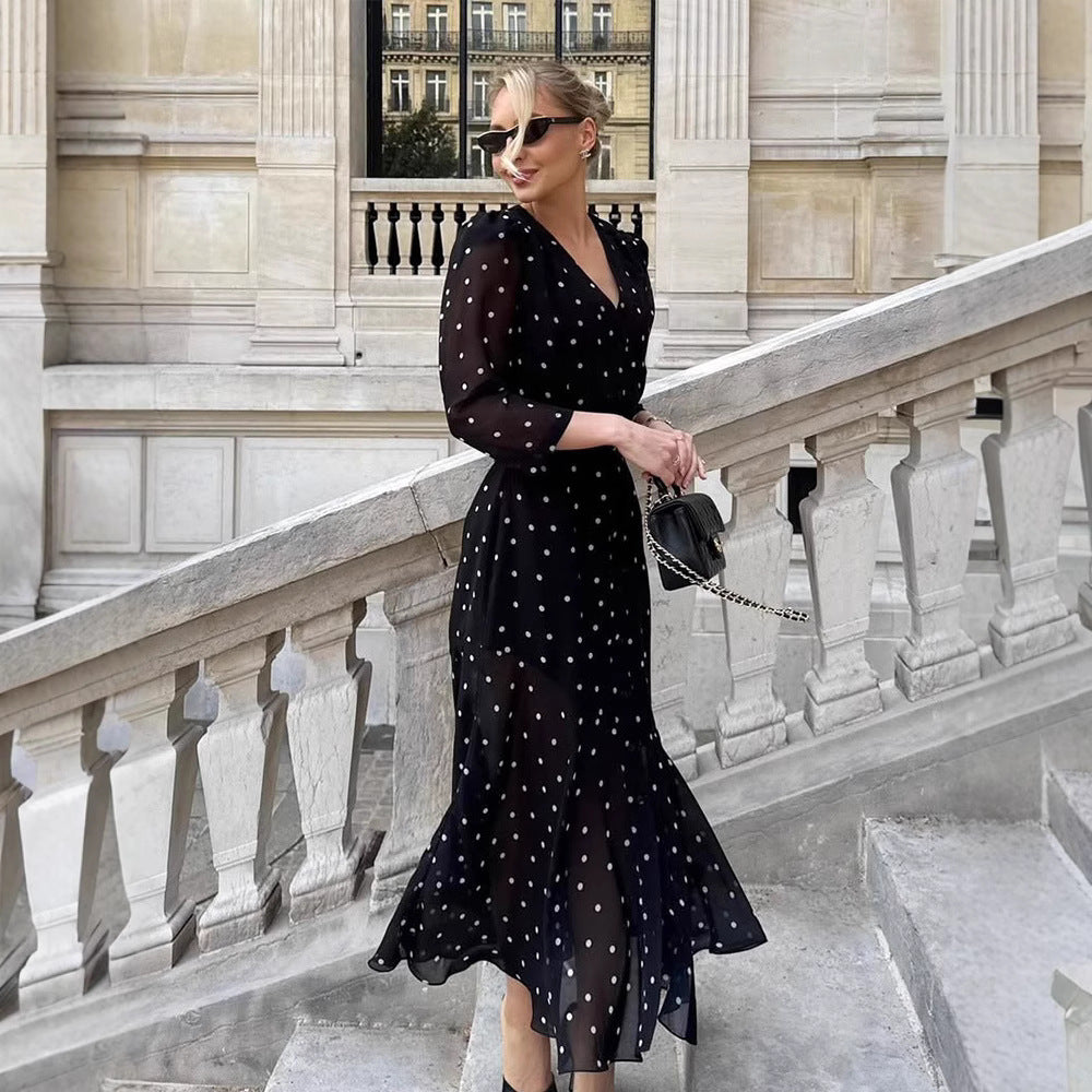 Elegant Mid-Length V-Neck Polka-Dot Waist-Cinched Dress