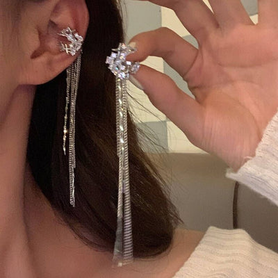 Moon Zircon Long Tassel Chain Earrings Without Ear Holes Small And Elegant Design